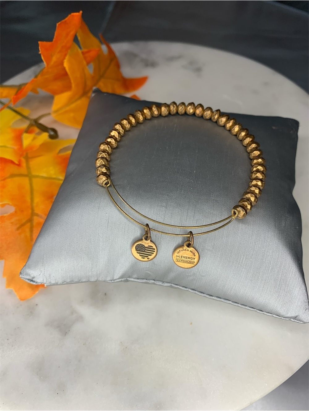 Alex and Ani Gold Beaded Expandable Bracelet with Heart and Signature Charms